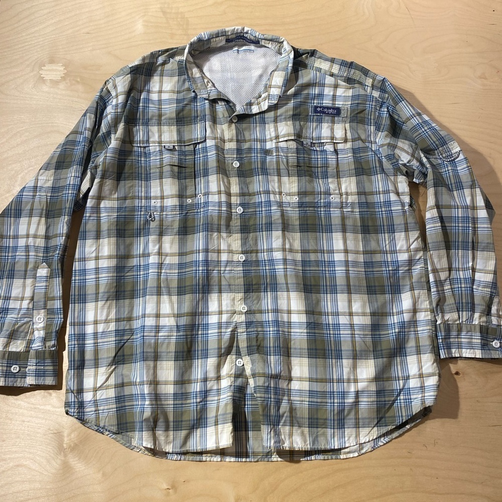 Columbia Men's Plaid Shirt - Blue and Tan Super Bahama PFG XL (OB)